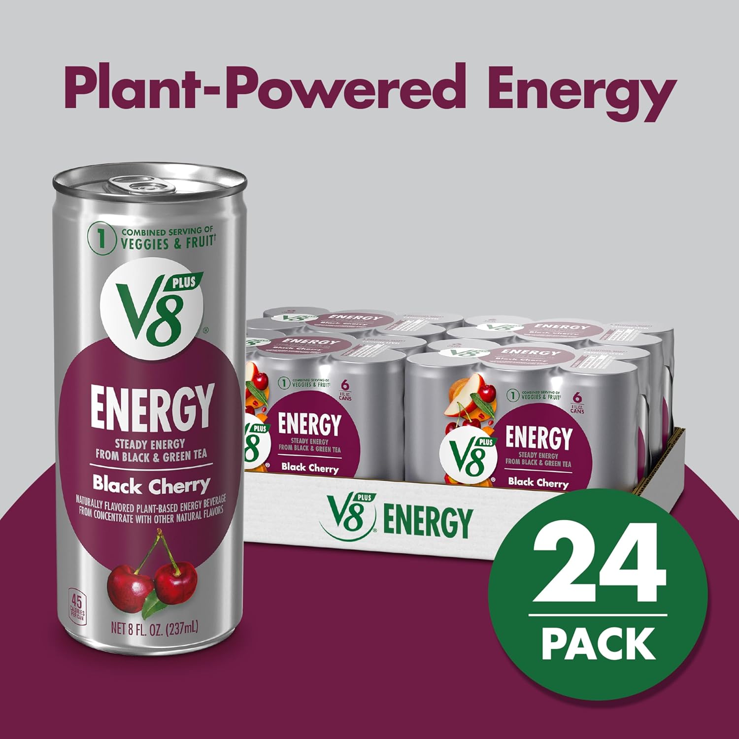 V8 +Energy Black Cherry Juice Energy Drink, 8 fl oz Can (24 Pack)