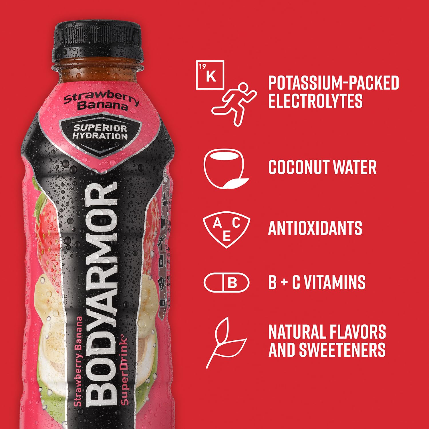 BODYARMOR Sports Drink Sports Beverage, Strawberry Banana, Coconut Water Hydration, Natural Flavors With Vitamins, Potassium-Packed Electrolytes, Perfect For Athletes, 12 Fl Oz (Pack of 8)