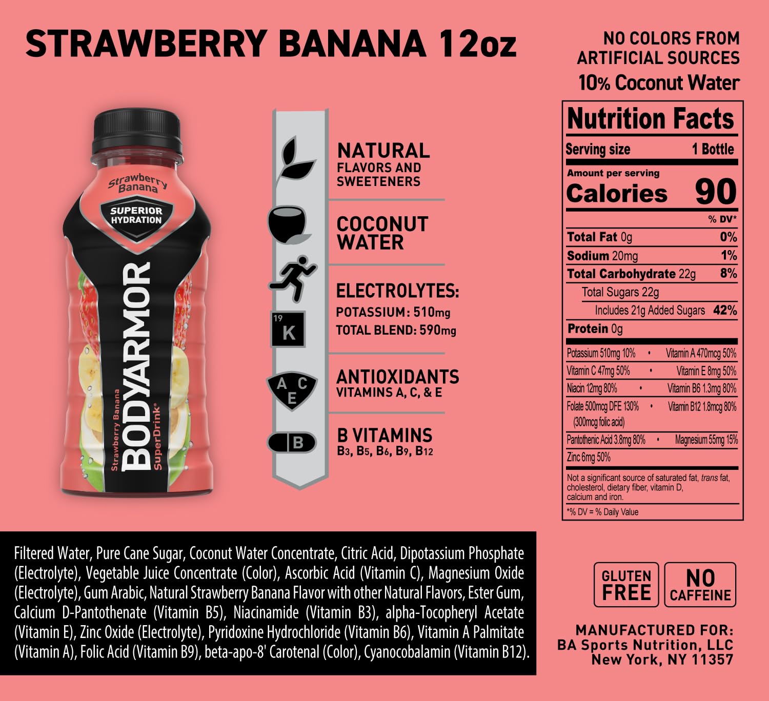 BODYARMOR Sports Drink Sports Beverage, Strawberry Banana, Coconut Water Hydration, Natural Flavors With Vitamins, Potassium-Packed Electrolytes, Perfect For Athletes, 12 Fl Oz (Pack of 8)