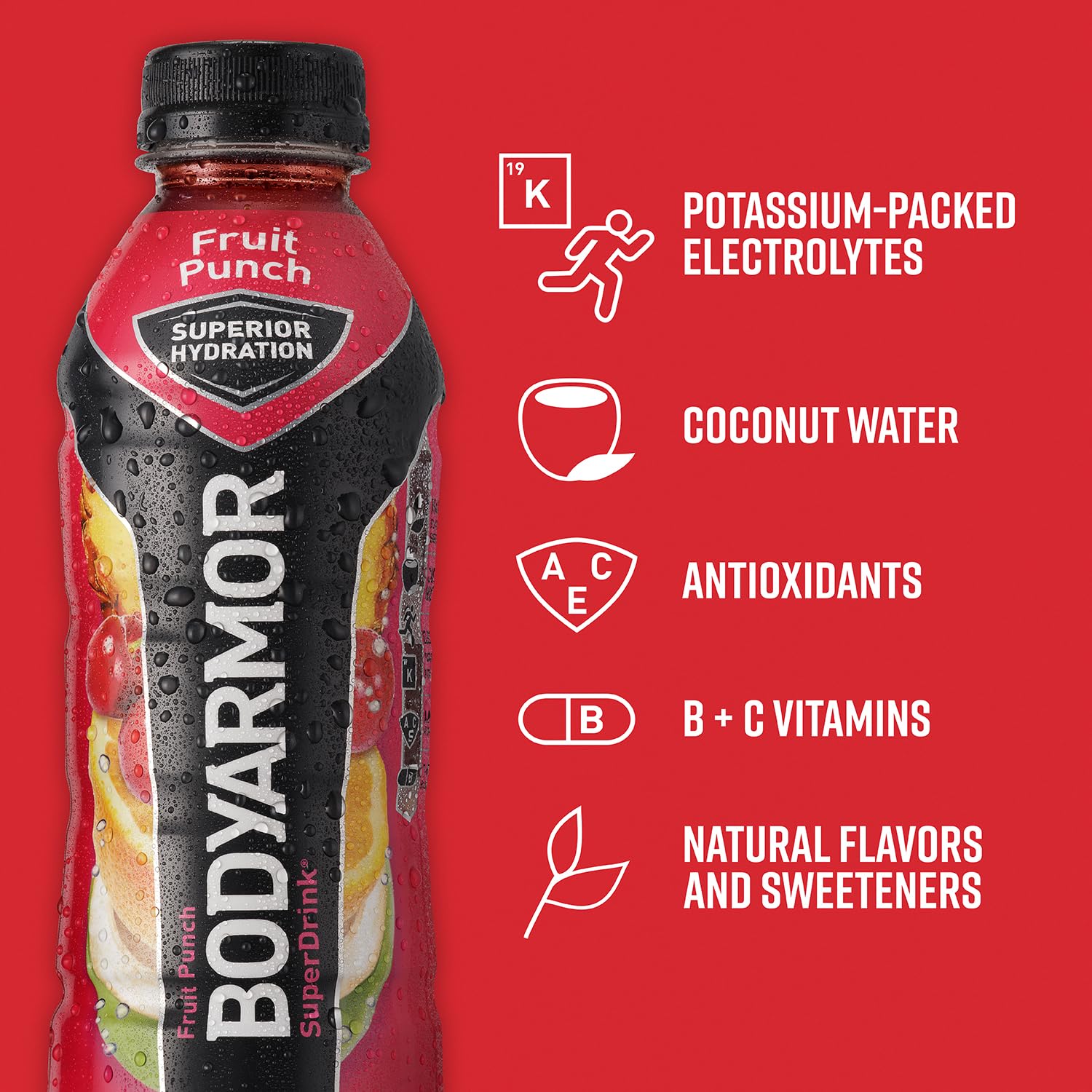BODYARMOR Sports Drink Sports Beverage, Fruit Punch, Coconut Water Hydration, Natural Flavors With Vitamins, Potassium-Packed Electrolytes, Perfect For Athletes, 16 Fl Oz (Pack of 12)