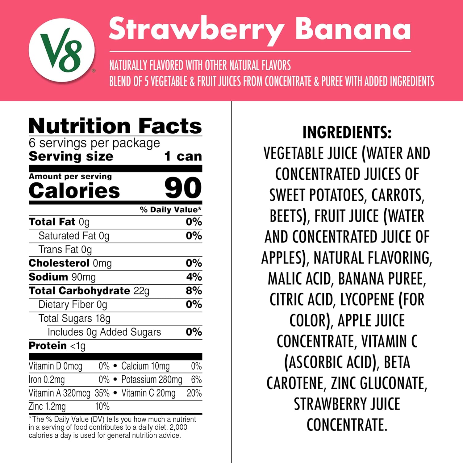 V8 Strawberry Banana 100% Fruit and Vegetable Juice, 8 fl oz Can (6 Pack)