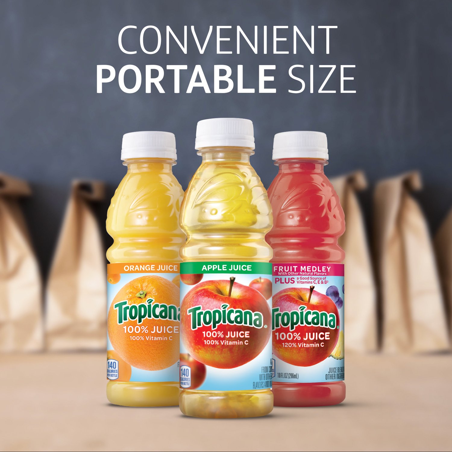 Tropicana 100% Juice Variety Pack - Orange, Apple & Fruit Medley, Single Serve, 10 Fl Oz Bottles (Pack of 24) - Real Fruit Juice, Vitamin C Rich, No Added Sugars, No Artificial Flavors