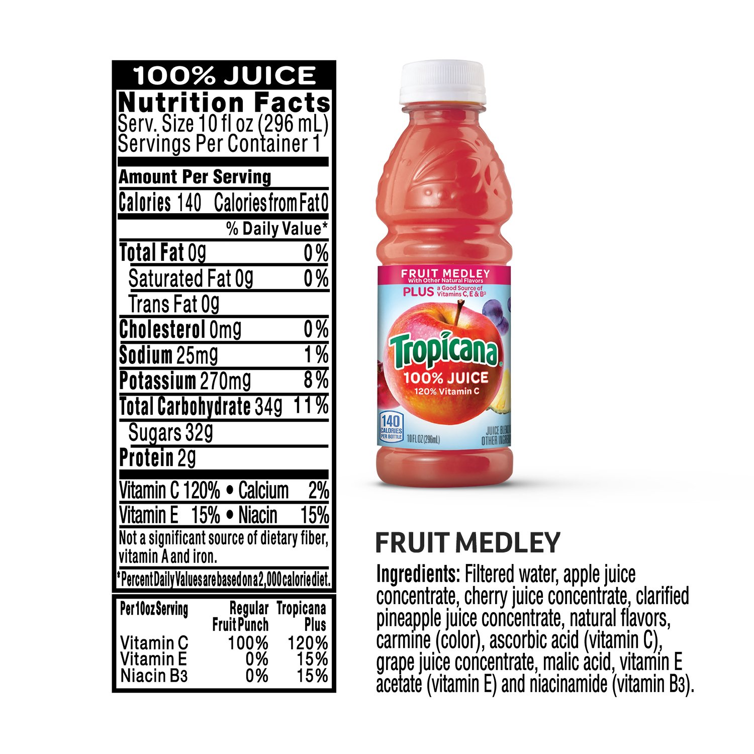 Tropicana 100% Juice Variety Pack - Orange, Apple & Fruit Medley, Single Serve, 10 Fl Oz Bottles (Pack of 24) - Real Fruit Juice, Vitamin C Rich, No Added Sugars, No Artificial Flavors
