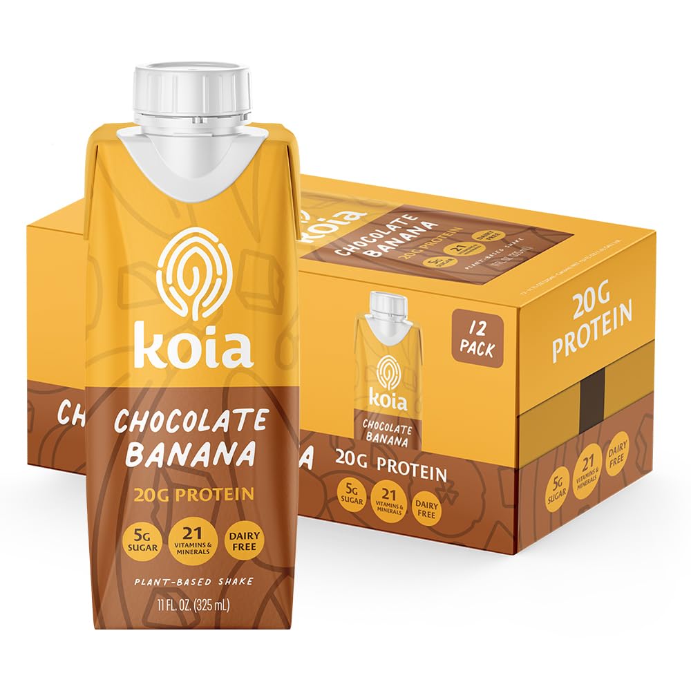 Koia - Plant Based Protein Shake - Chocolate Banana - 20g Protein, 5g Sugar, 6g Prebiotic Fiber, 21 Vitamins & Minerals - Dairy Free, Soy Free, Non GMO - Meal Replacement Drinks - 11 fl oz, 12 Bottles