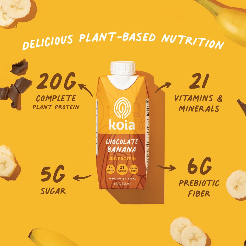 Koia - Plant Based Protein Shake - Chocolate Banana - 20g Protein, 5g Sugar, 6g Prebiotic Fiber, 21 Vitamins & Minerals - Dairy Free, Soy Free, Non GMO - Meal Replacement Drinks - 11 fl oz, 12 Bottles