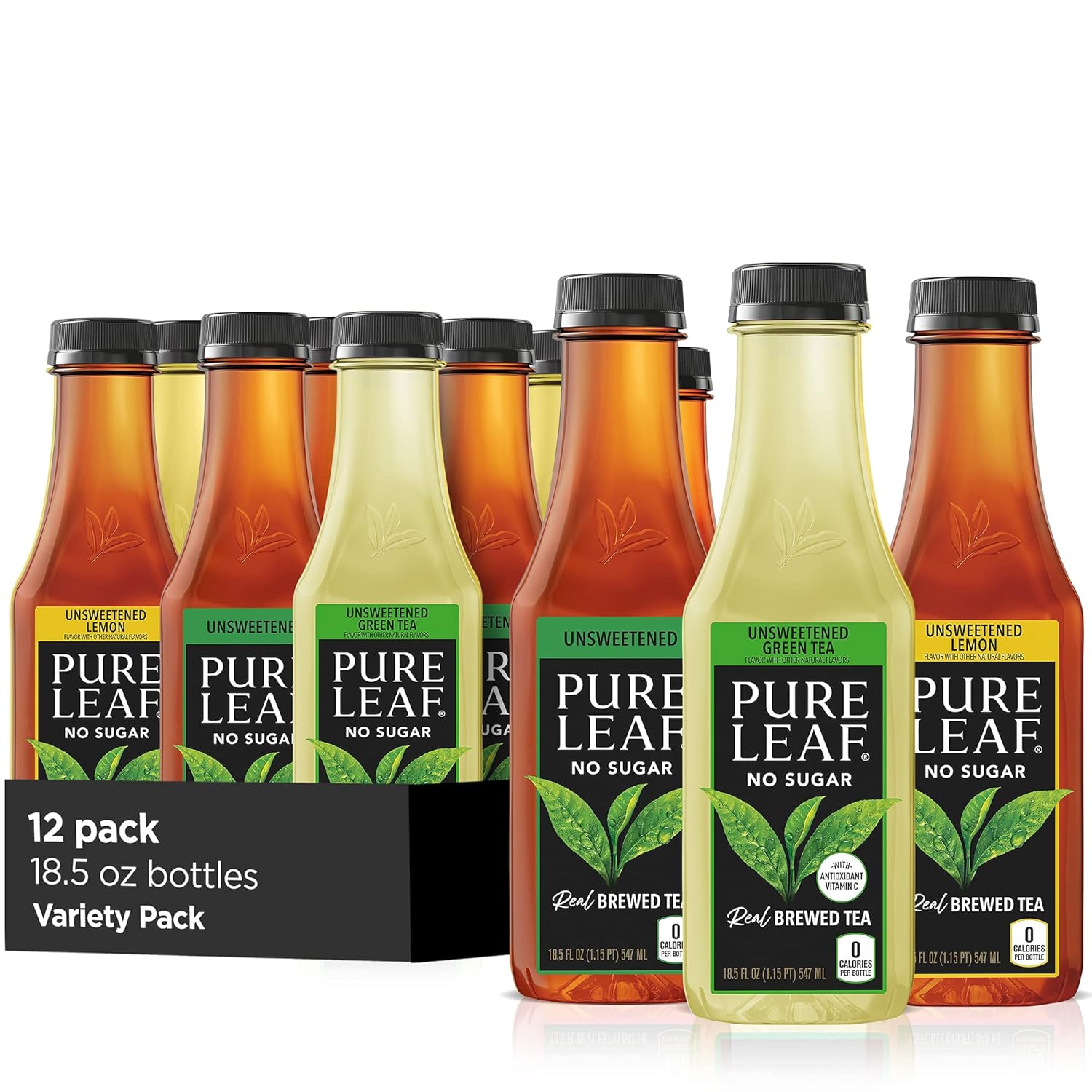 Pure Leaf Iced Tea, Unsweetened 3 Flavor Variety Pack, Zero Sugar & Zero Calories, 18.5 Fl Oz Bottles (Pack of 12)
