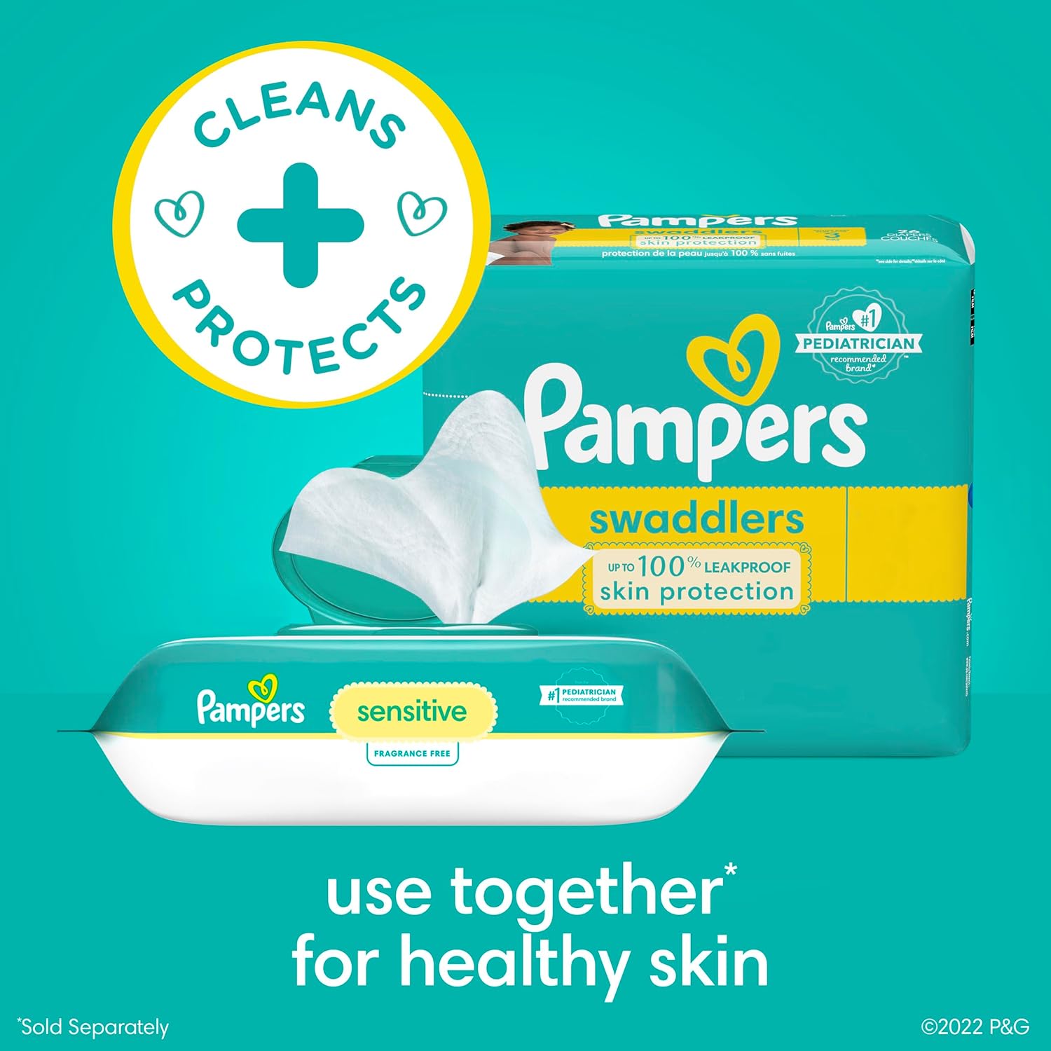 Pampers Baby Wipes Sensitive, Water Based Baby Wipes, Hypoallergenic and Unscented Baby Wipes, 336 Wipes Total (4 Flip-Top Packs)