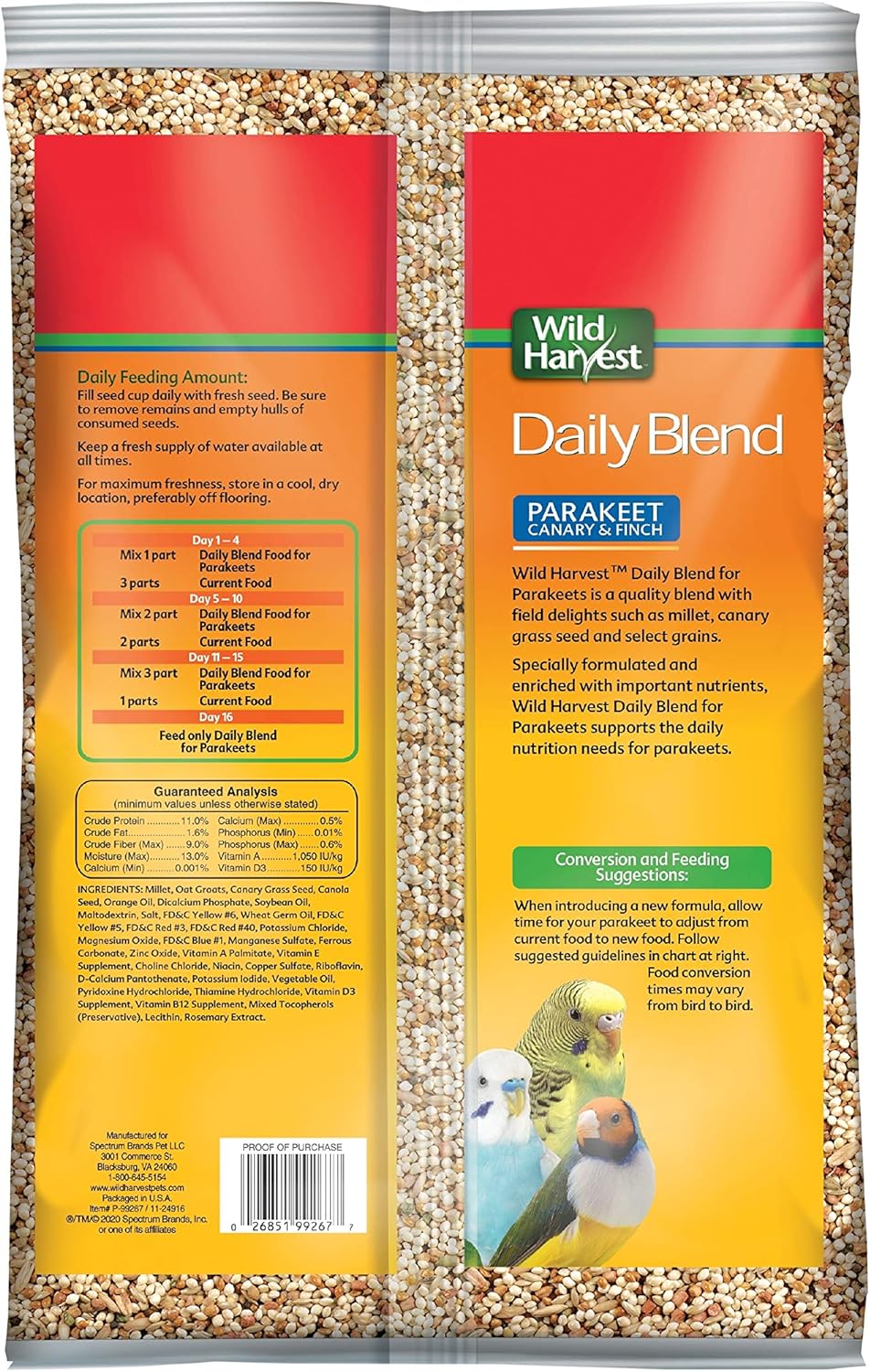 Wild Harvest Daily Blend Nutrition Diet for Parakeet, Canary and Finch, Orange flavored, 10 Pounds
