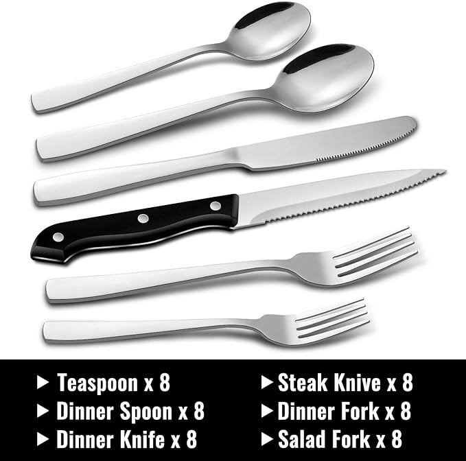 HIWARE 48-Piece Silverware Set with Steak Knives for 8, 18/8 Stainless Steel Flatware Cutlery Set For Home Kitchen Restaurant Hotel, Kitchen Utensils Set, Mirror Polished, Dishwasher Safe