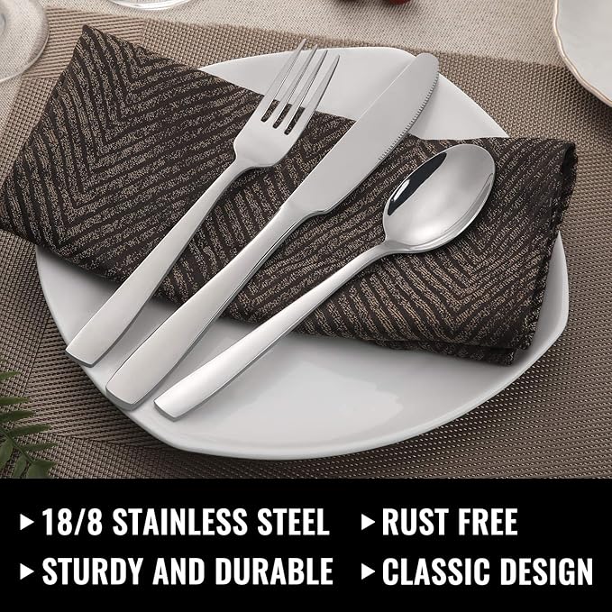 HIWARE 48-Piece Silverware Set with Steak Knives for 8, 18/8 Stainless Steel Flatware Cutlery Set For Home Kitchen Restaurant Hotel, Kitchen Utensils Set, Mirror Polished, Dishwasher Safe