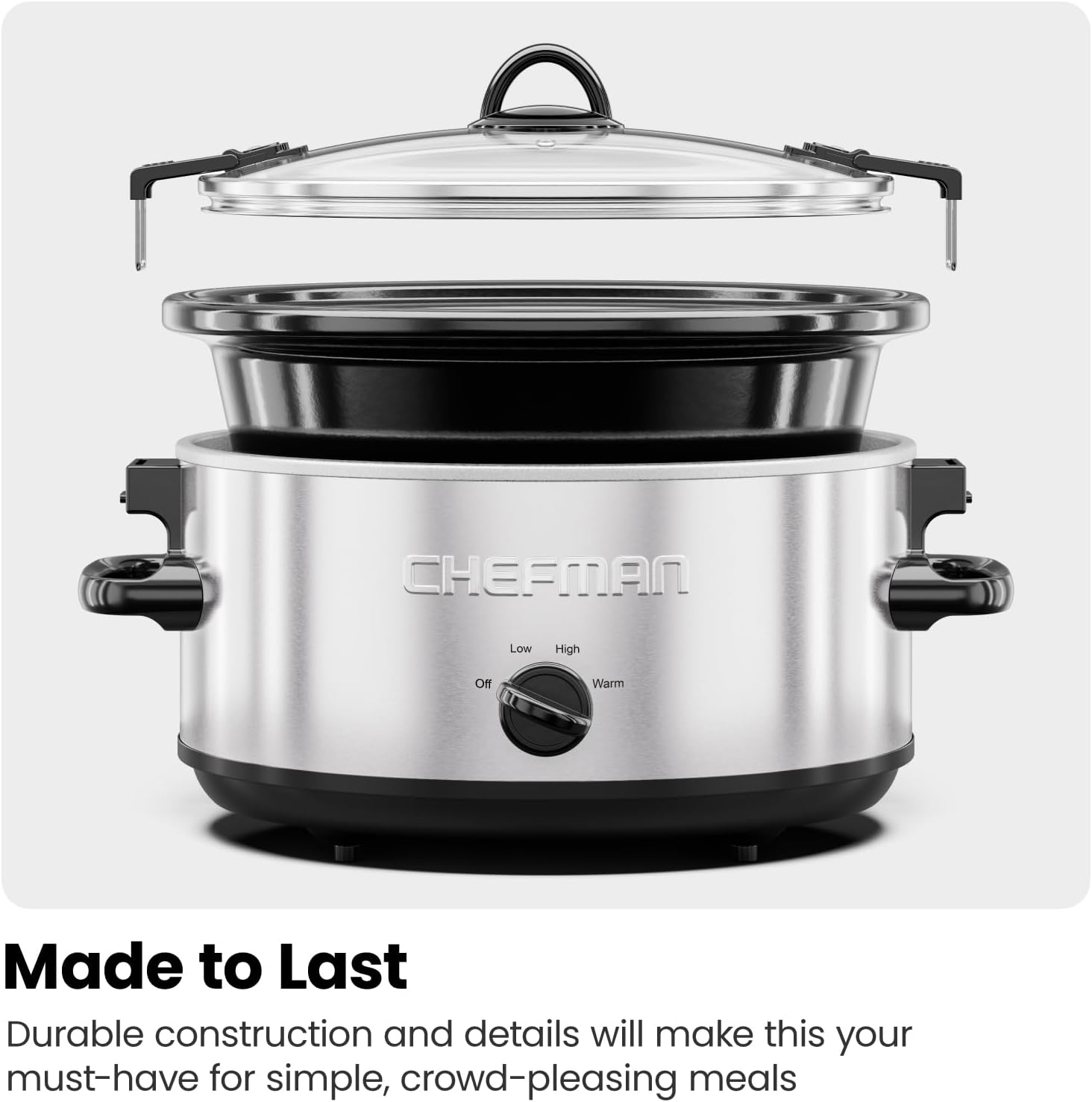 Chefman 6 Quart Slow Cooker with Locking Lid, Ceramic Crock with Portable Cook and Carry Travel Latching Lock, Large Easy Clean Dishwasher Safe Pot Insert, Manual 3 Heat Settings, Stainless Steel