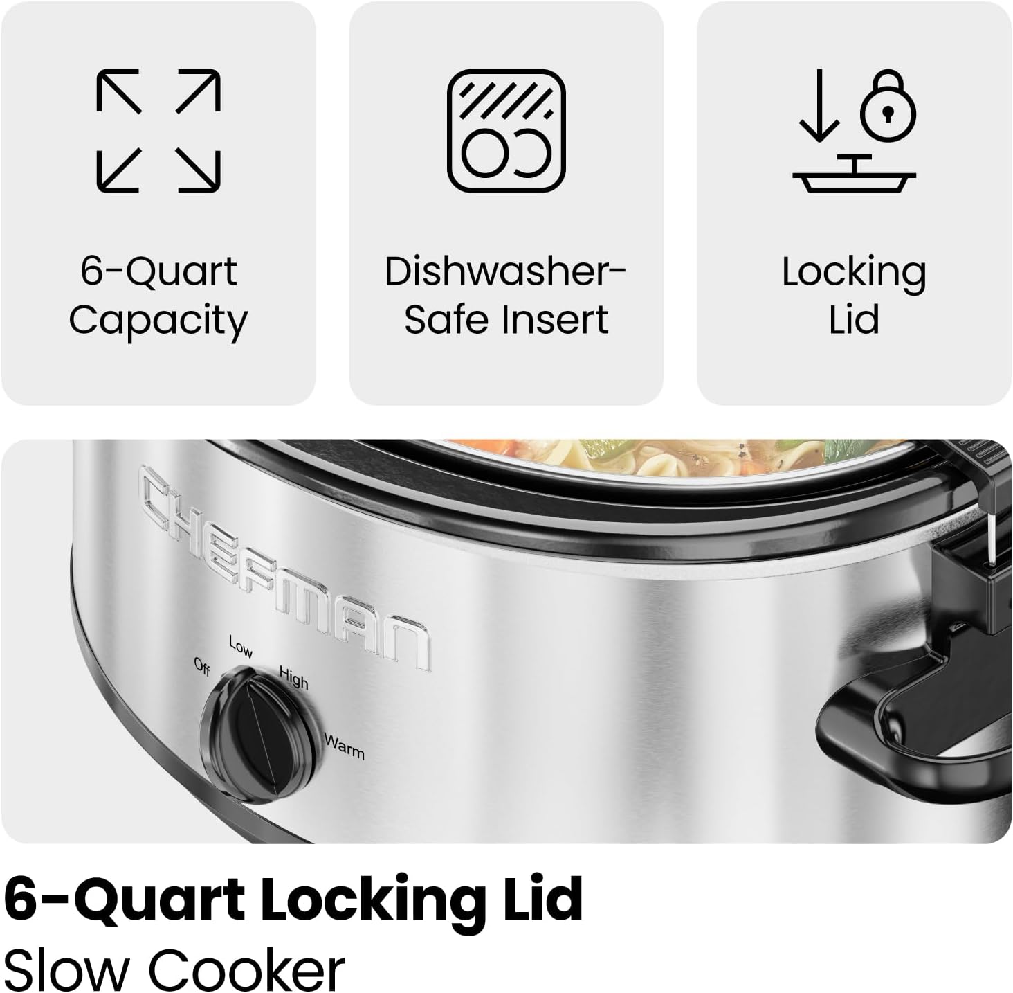 Chefman 6 Quart Slow Cooker with Locking Lid, Ceramic Crock with Portable Cook and Carry Travel Latching Lock, Large Easy Clean Dishwasher Safe Pot Insert, Manual 3 Heat Settings, Stainless Steel