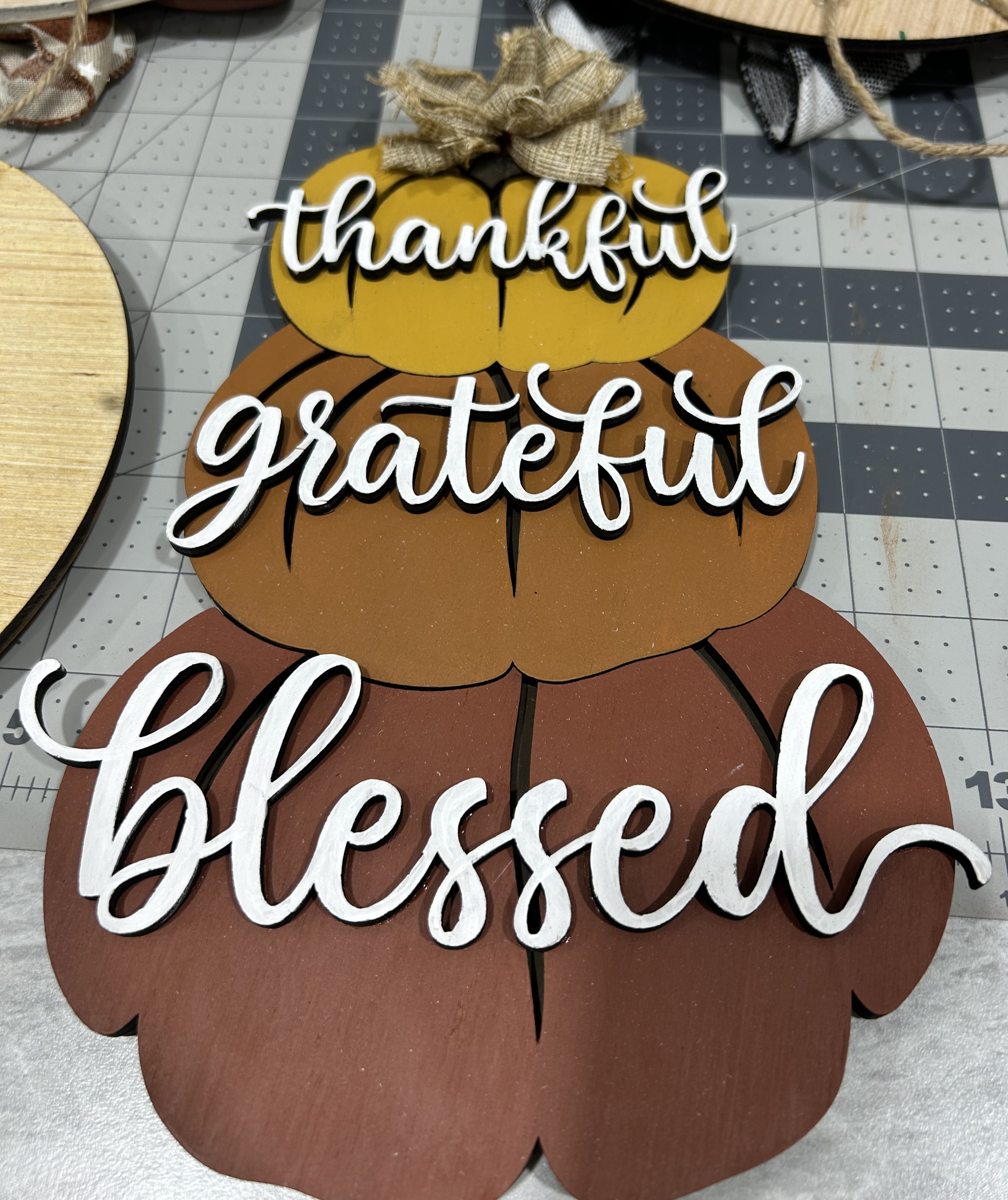 Thankful Grateful Blessed Wooden Pumpkin Sign
