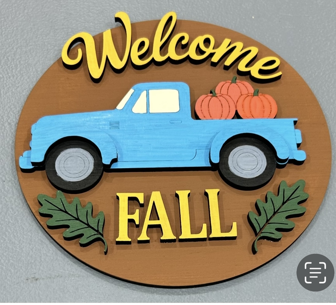 Welcome Fall with Truck and Pumpkins