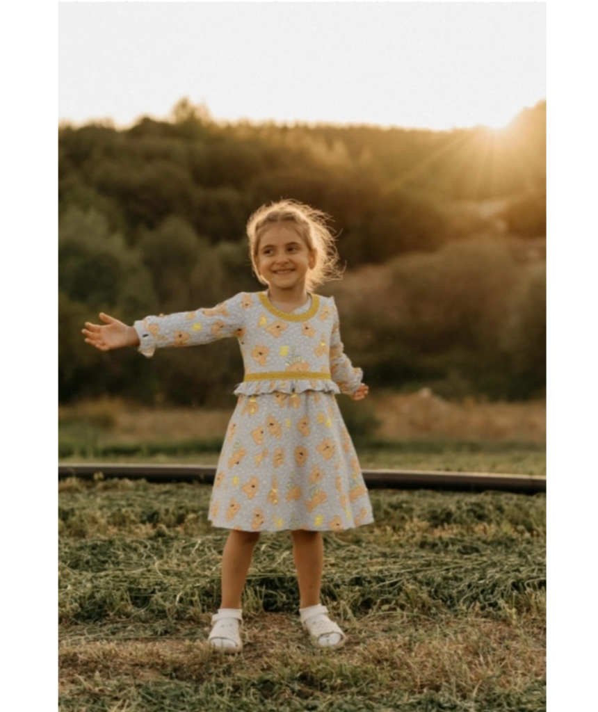 Girls' Teddy Bear Print Long Sleeve Dress
