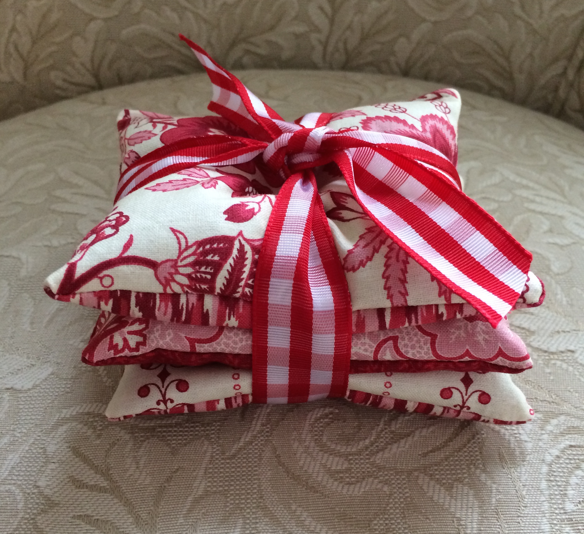Set of Three Red and Cream Lavender Sachets