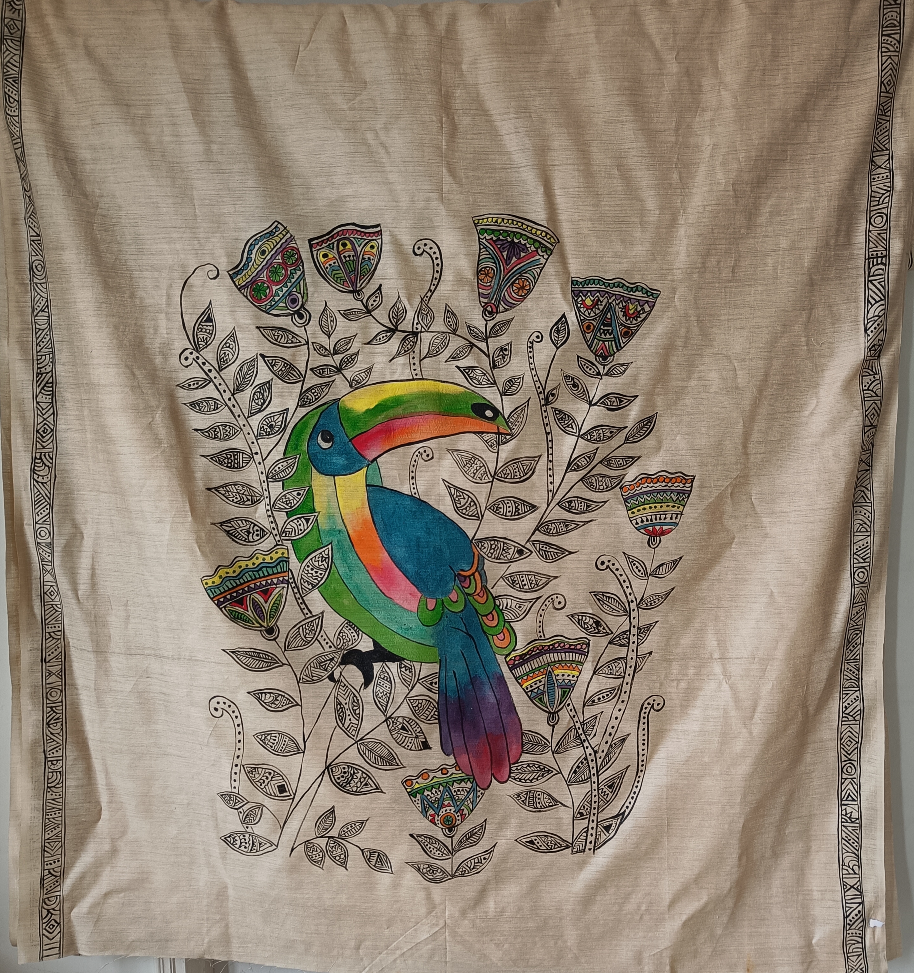 Colorfully painted Toucan on the pallu -silk saree (SS733)
