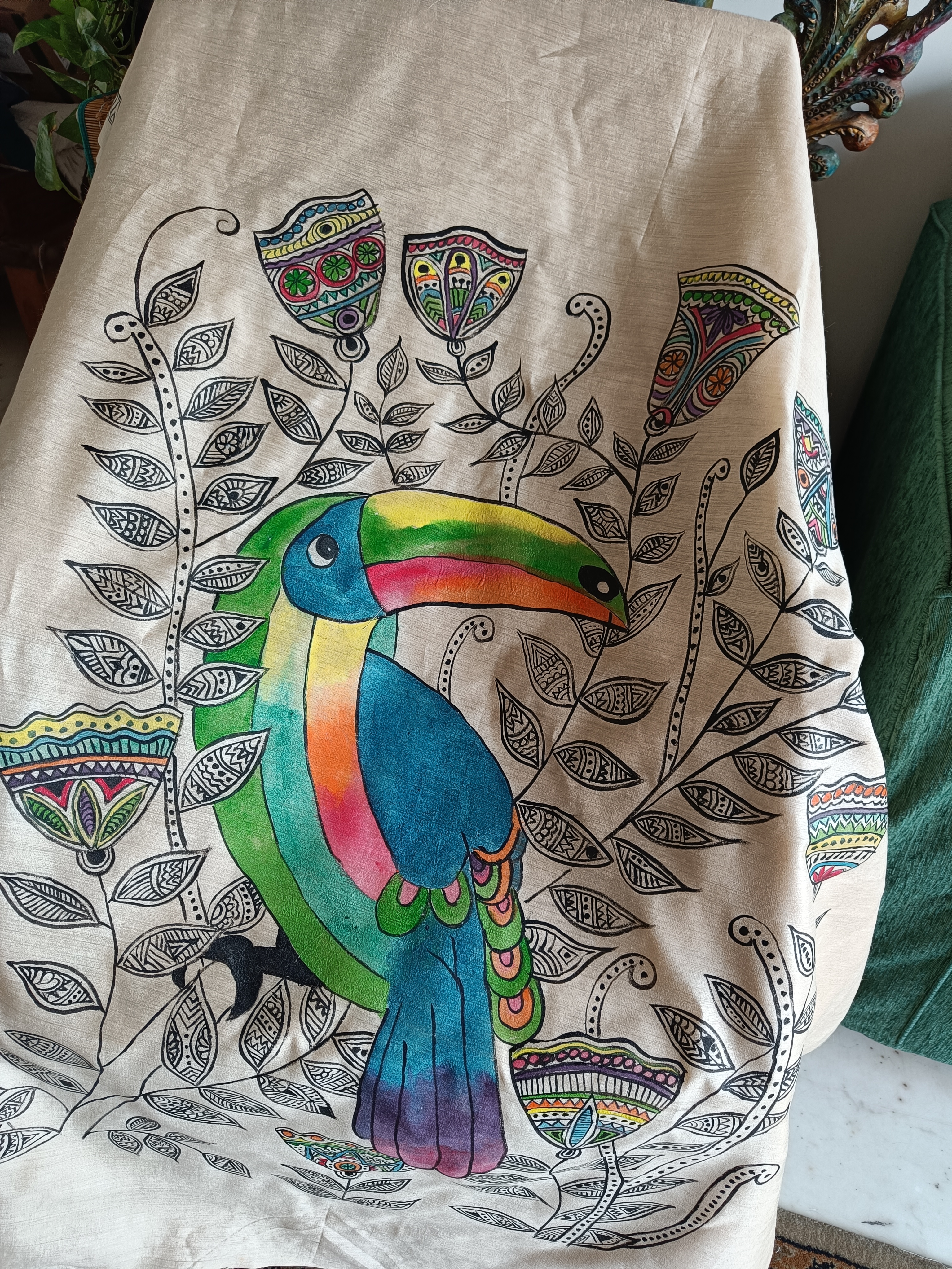 Colorfully painted Toucan on the pallu -silk saree (SS733)