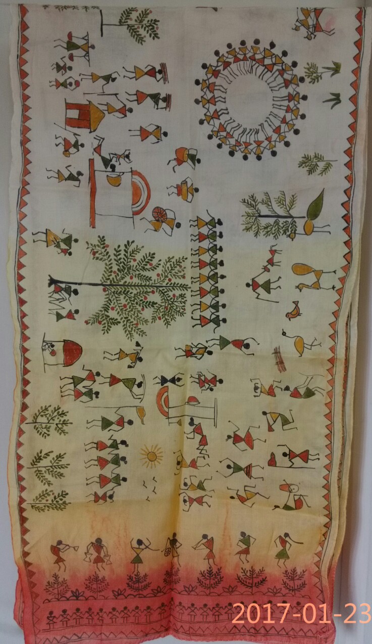 Silk (Warli Art) hand painted stole TS92