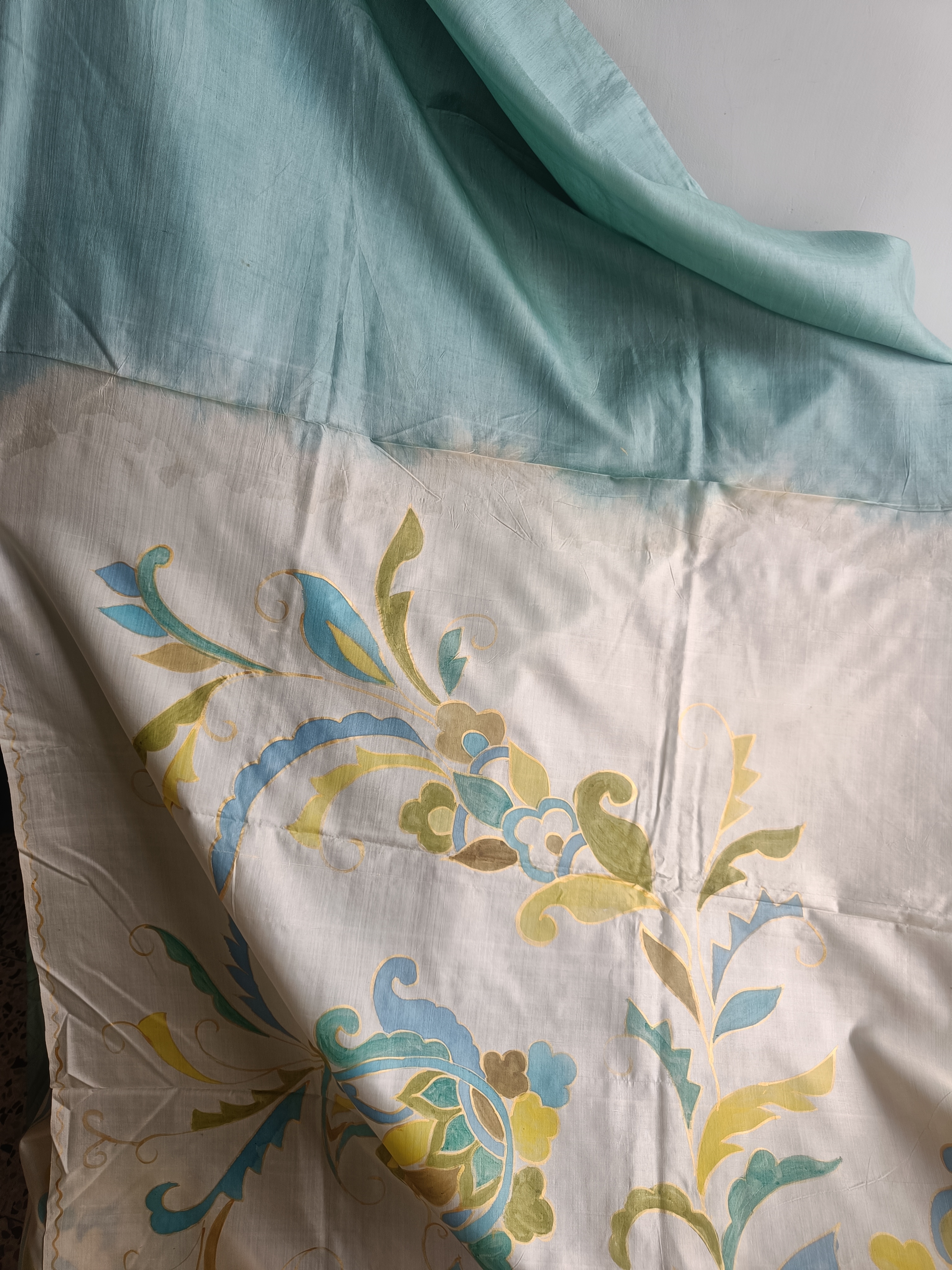 Half offwhite and half green dyed silk  saree  (SS593)