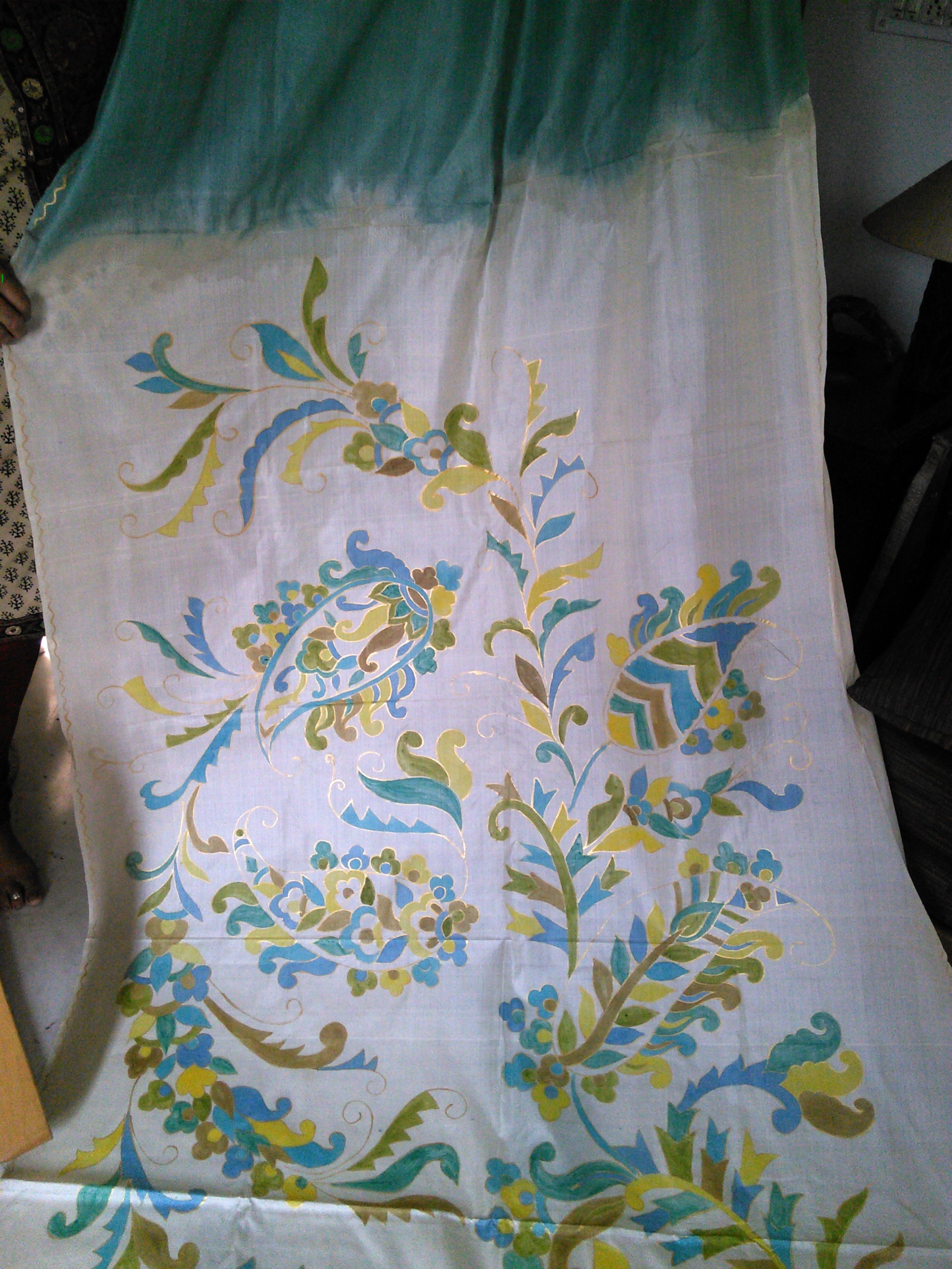 Half offwhite and half green dyed silk  saree  (SS593)