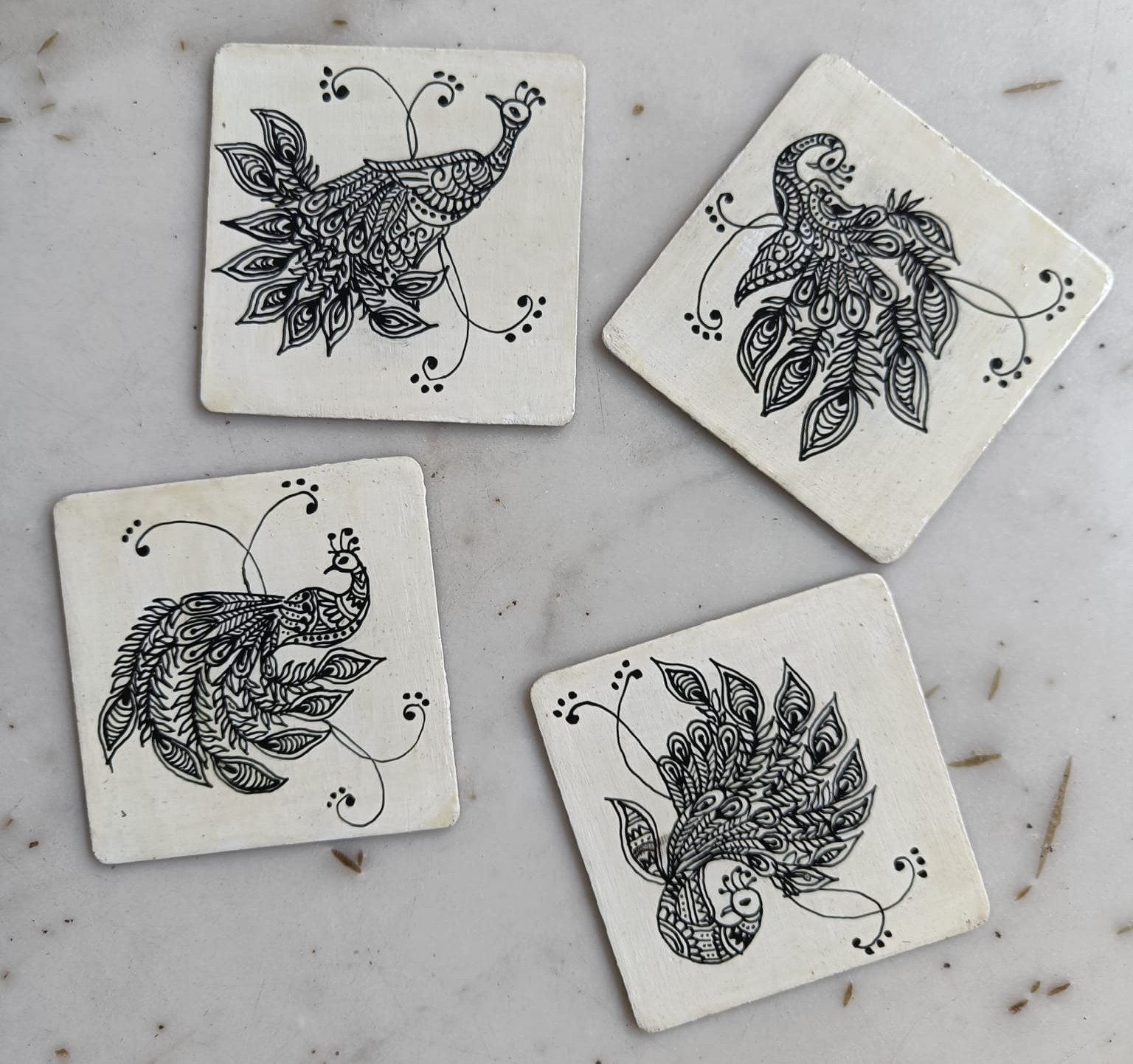 Hand-painted set of 4 Peacock Coasters