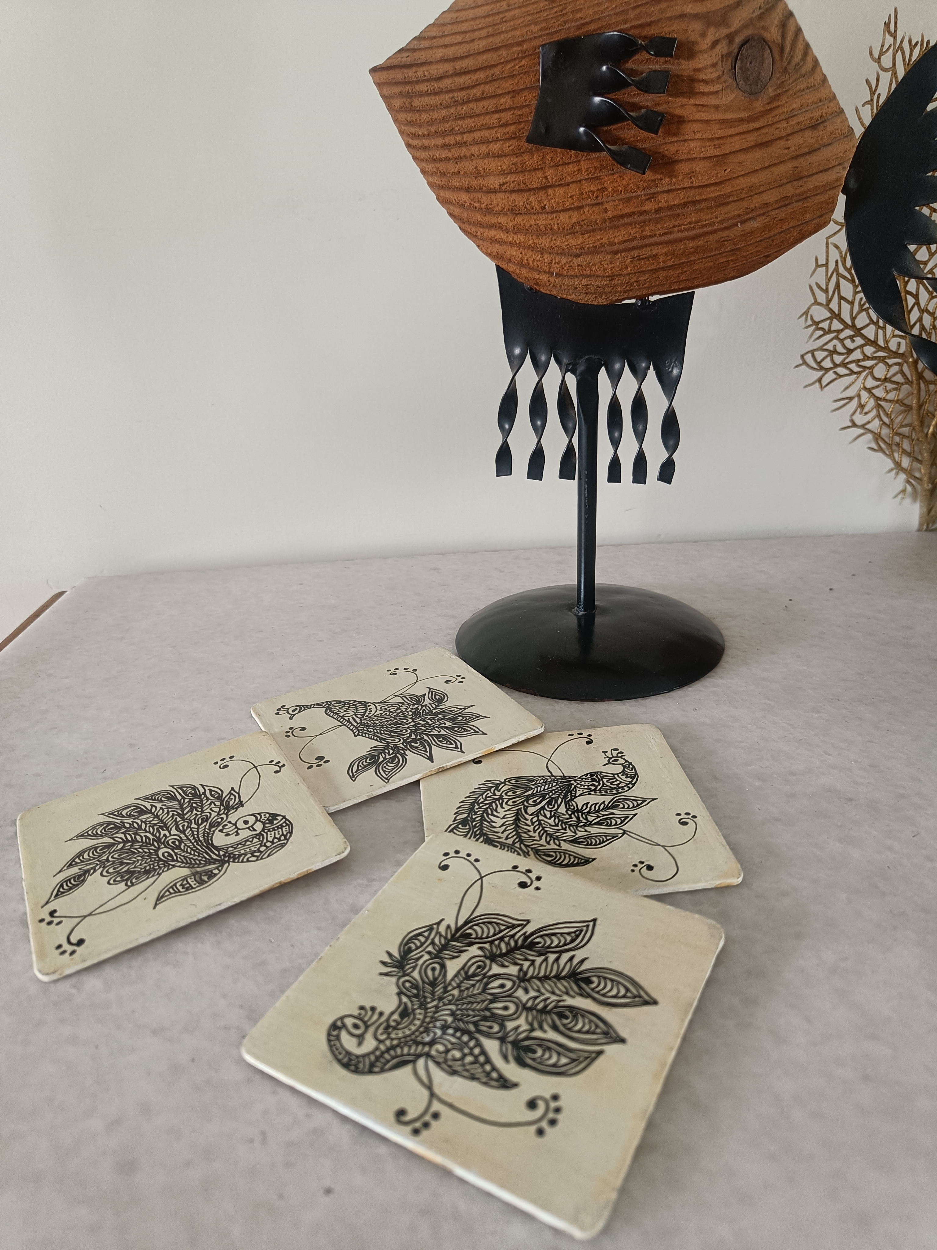 Hand-painted set of 4 Peacock Coasters
