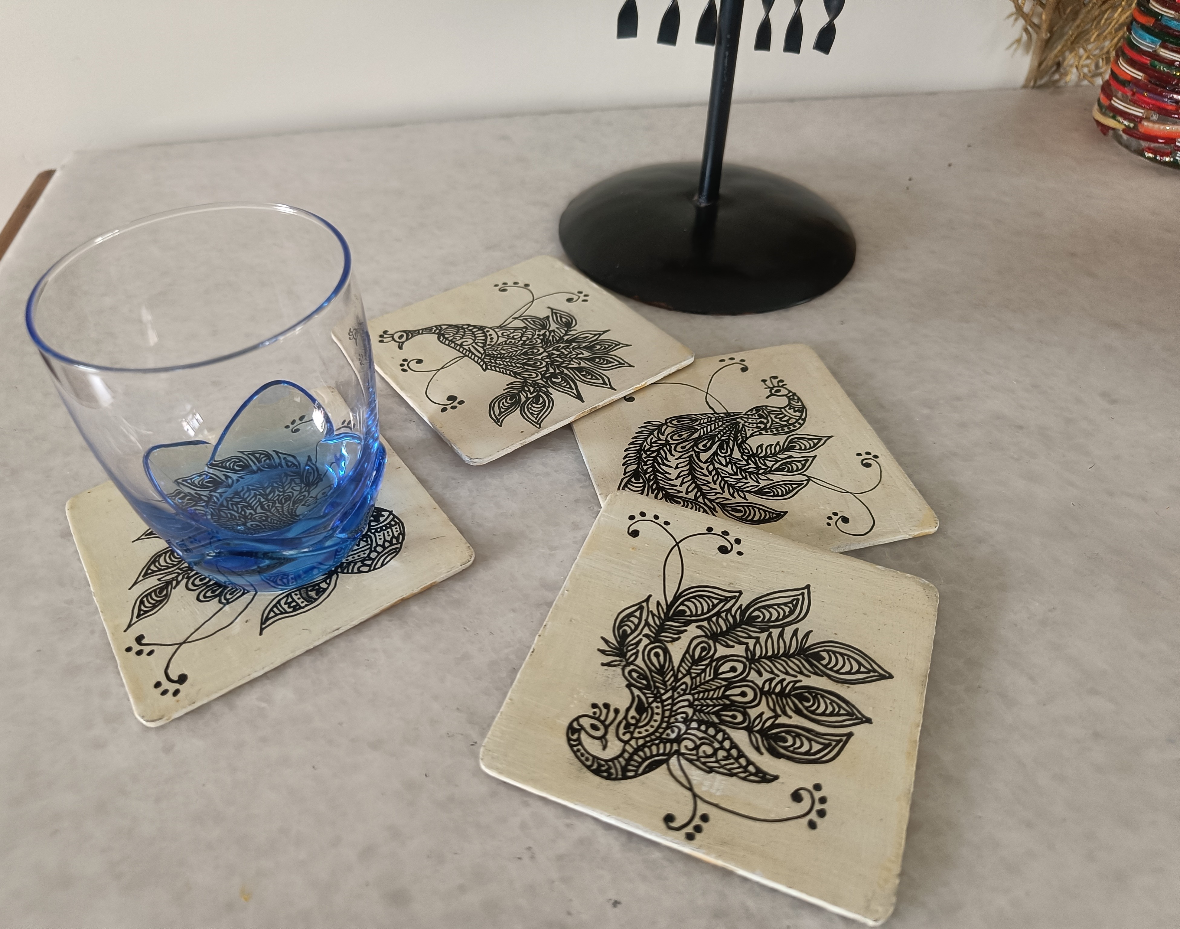 Hand-painted set of 4 Peacock Coasters