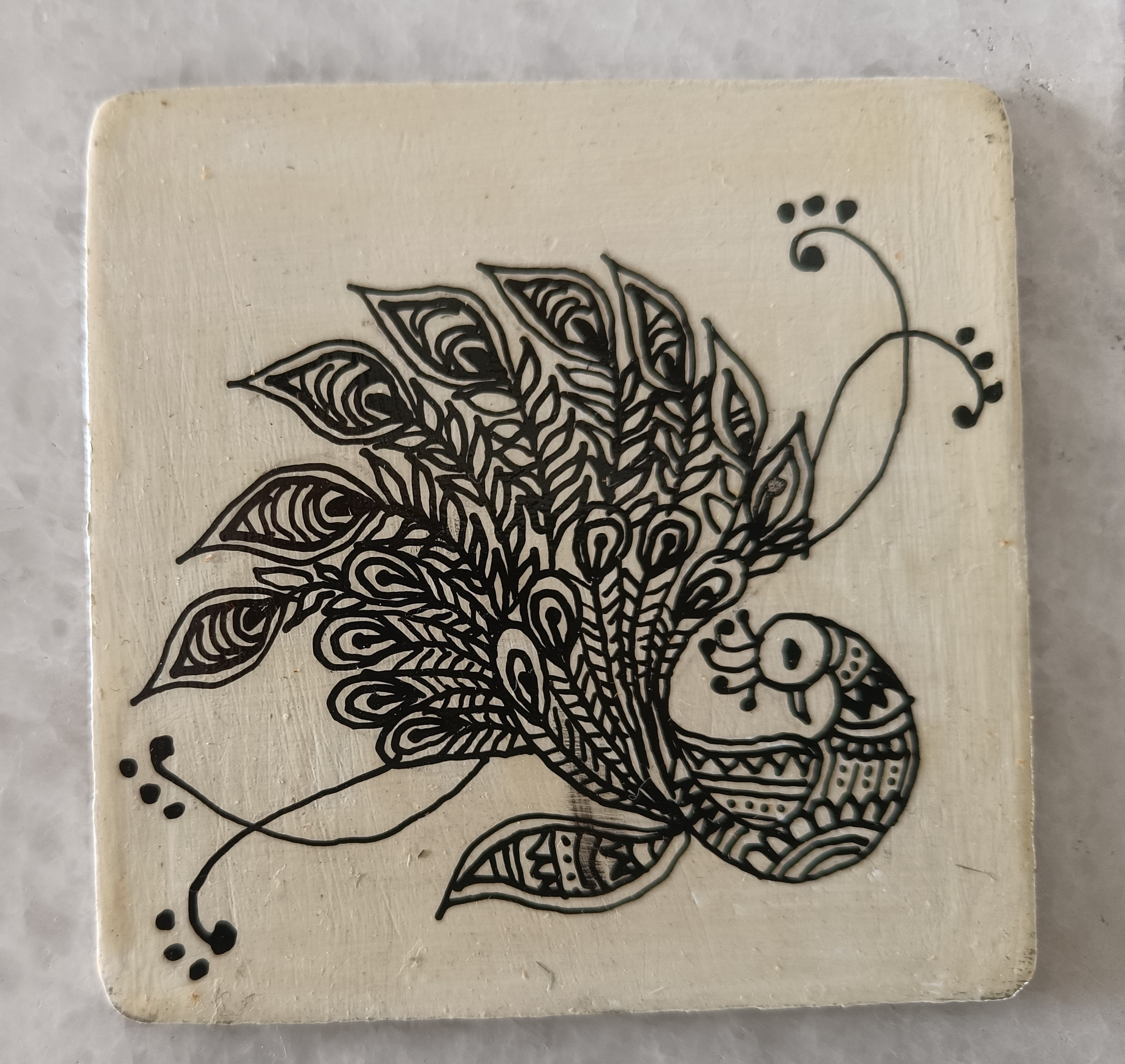 Hand-painted set of 4 Peacock Coasters