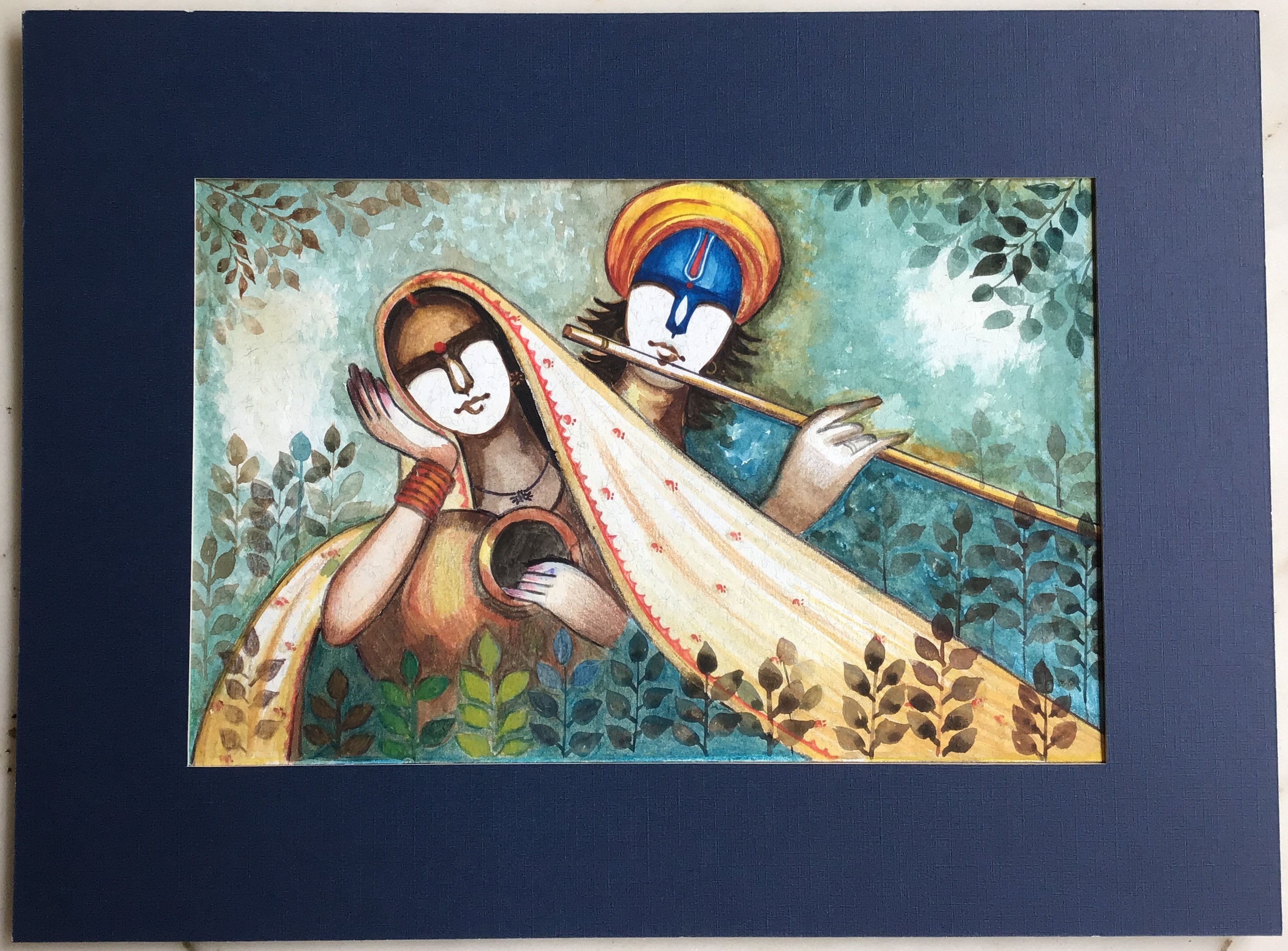 Hand-painted Krishna and Radha in watercolours 