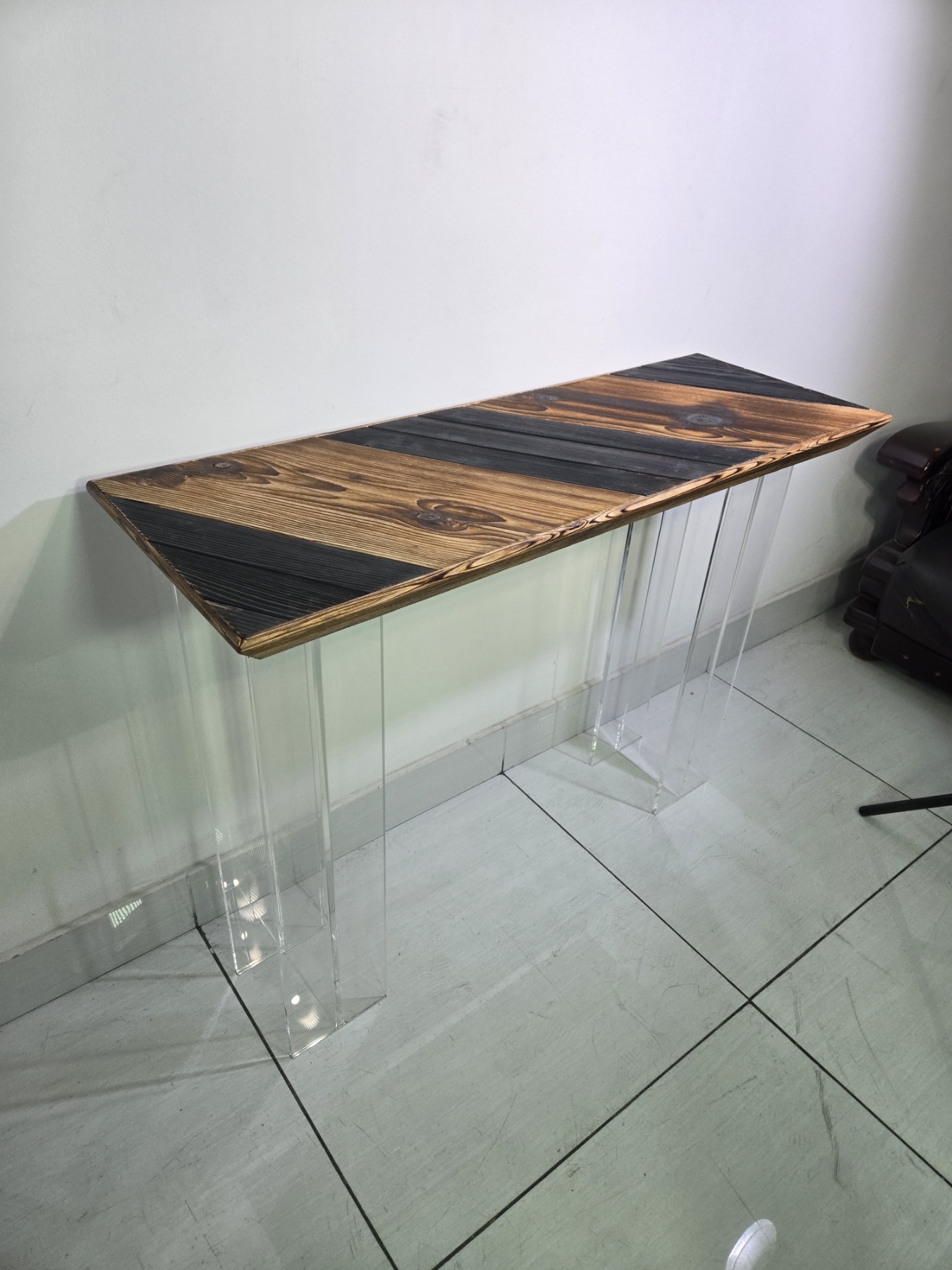 Yakisugi Burned Wooden Table with Acrylic Legs