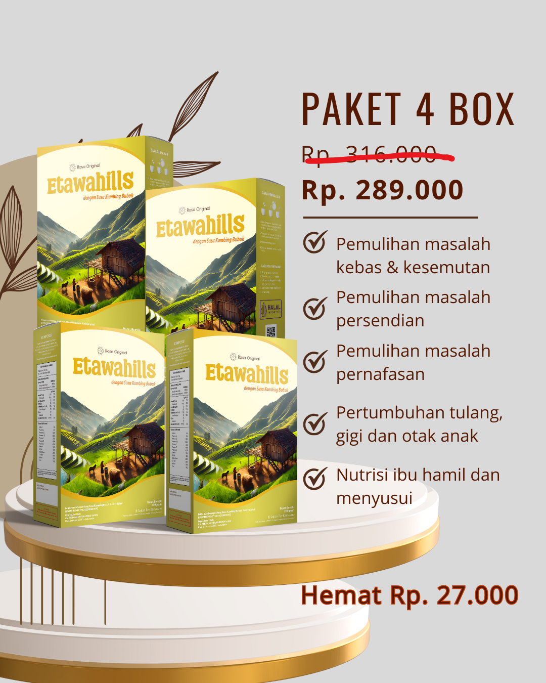 Etawahills susu kambing bubuk per 4 box