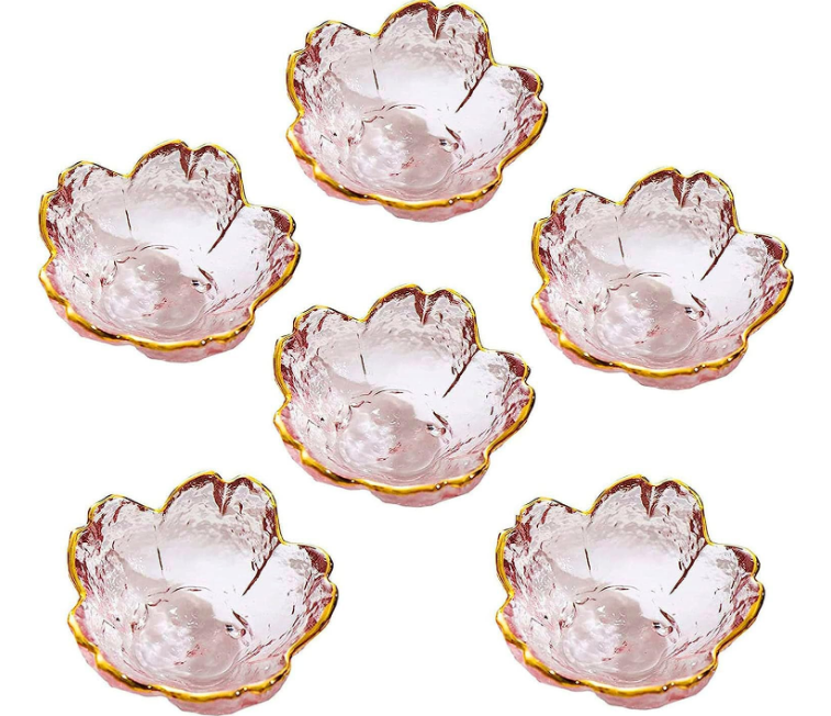 Seasoning bowls with gold rim,6 pcs Pink Cherry Flower Crystal Glass Appetizer Plates dipping bowls ice cream bowls Sushi,pink glass plates mini bowls for charcuterie board (Phnom Penh)