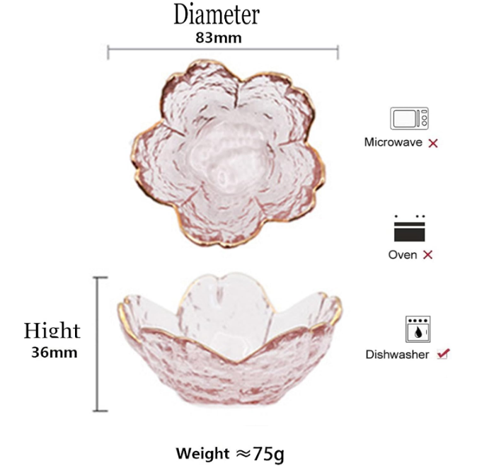 Seasoning bowls with gold rim,6 pcs Pink Cherry Flower Crystal Glass Appetizer Plates dipping bowls ice cream bowls Sushi,pink glass plates mini bowls for charcuterie board (Phnom Penh)