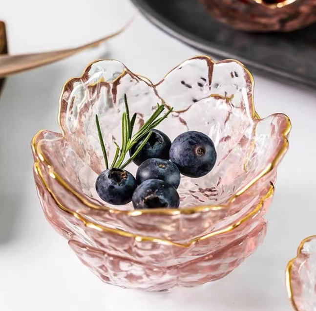 Seasoning bowls with gold rim,6 pcs Pink Cherry Flower Crystal Glass Appetizer Plates dipping bowls ice cream bowls Sushi,pink glass plates mini bowls for charcuterie board (Phnom Penh)