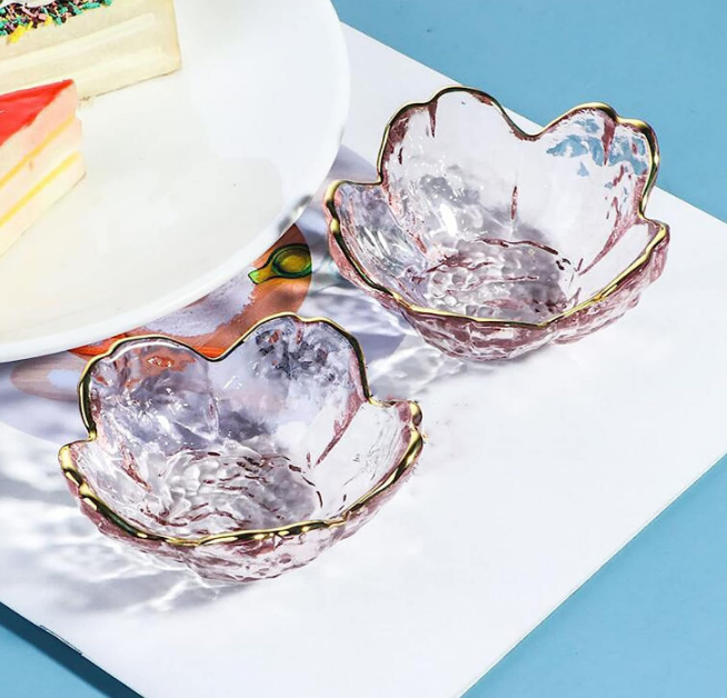 Seasoning bowls with gold rim,6 pcs Pink Cherry Flower Crystal Glass Appetizer Plates dipping bowls ice cream bowls Sushi,pink glass plates mini bowls for charcuterie board (Phnom Penh)