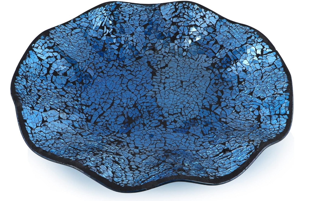 Mosaic Centerpiece Tray, 12" Decorative Glass Plate, Home Decor Glass Bowl for Dining Room Table, Coffee Table, Gift (Turquoise)