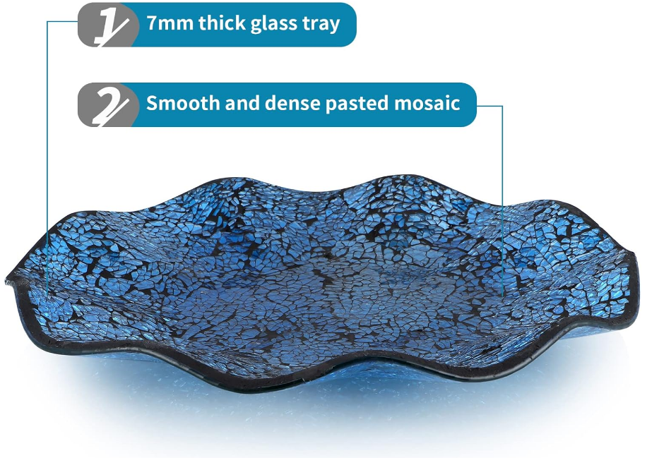 Mosaic Centerpiece Tray, 12" Decorative Glass Plate, Home Decor Glass Bowl for Dining Room Table, Coffee Table, Gift (Turquoise)