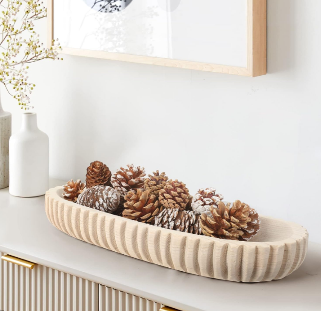 Wooden Decorative Dough Bowl for Home Decor, Unique Centerpiece Bowl, Wood Bowl with Hand Carved Vertical Stripes, Home Decor Accents for Farmhouse Boho Rustic Style (16.3"x 6" Light Wood Color)