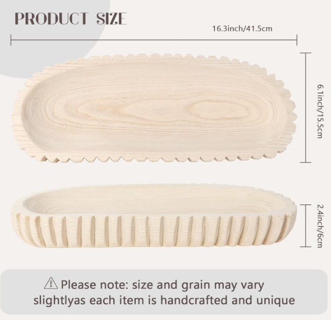 Wooden Decorative Dough Bowl for Home Decor, Unique Centerpiece Bowl, Wood Bowl with Hand Carved Vertical Stripes, Home Decor Accents for Farmhouse Boho Rustic Style (16.3"x 6" Light Wood Color)