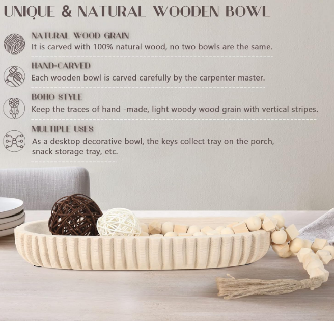 Wooden Decorative Dough Bowl for Home Decor, Unique Centerpiece Bowl, Wood Bowl with Hand Carved Vertical Stripes, Home Decor Accents for Farmhouse Boho Rustic Style (16.3"x 6" Light Wood Color)