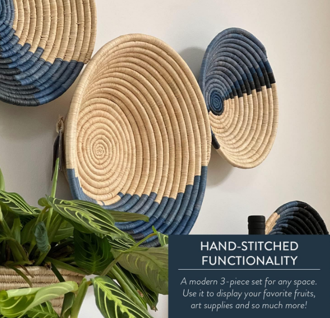 Decorative Baskets, Wall & Home Decor, Fruit Bowl and Storage Basket, Artisan-made with Raffia, Eco-friendly by African Artisans, Set of 3 (Neutral)