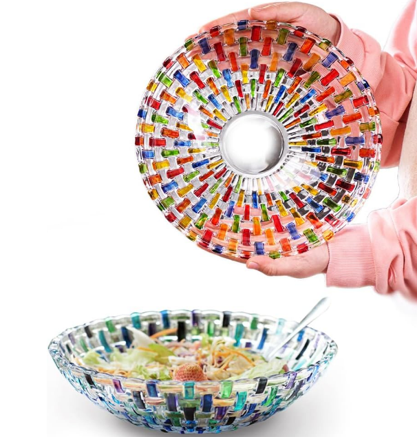 Colorful Woven Glass Fruit Bowls Set of 2 (2 colors). Decoration Old Fashioned Glass Plates. 10 inch Large Bowl Hand Painted Multicolor Salad Bowls. Suitable for Dessert, Candy, Snack & More.