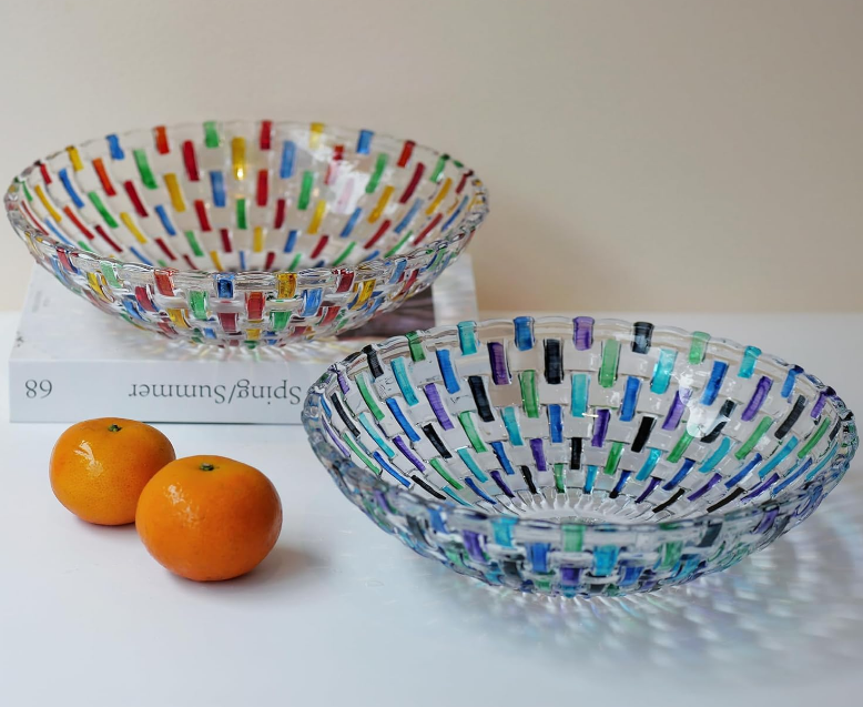 Colorful Woven Glass Fruit Bowls Set of 2 (2 colors). Decoration Old Fashioned Glass Plates. 10 inch Large Bowl Hand Painted Multicolor Salad Bowls. Suitable for Dessert, Candy, Snack & More.