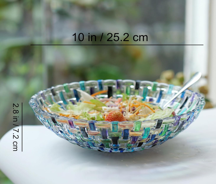 Colorful Woven Glass Fruit Bowls Set of 2 (2 colors). Decoration Old Fashioned Glass Plates. 10 inch Large Bowl Hand Painted Multicolor Salad Bowls. Suitable for Dessert, Candy, Snack & More.