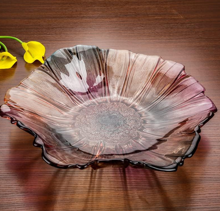 11.5-inch Crystal Glass Colorful Fruit Bowl Dessert Cake Candy Snack Plate,Art Sunflower-shaped,Large Size,Cool Design