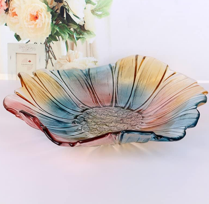 11.5-inch Crystal Glass Colorful Fruit Bowl Dessert Cake Candy Snack Plate,Art Sunflower-shaped,Large Size,Cool Design