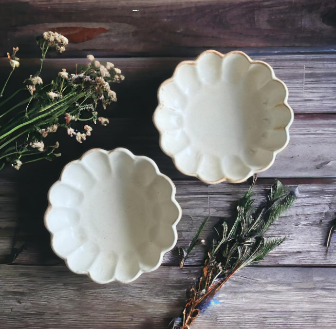  Scalloped Edge Bowl, Scallop Ceramic Plate | Dessert Bowl | Flower Shaped Soup Bowl | Trinket Dish Set of 2