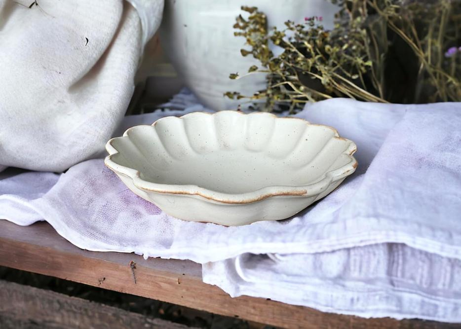  Scalloped Edge Bowl, Scallop Ceramic Plate | Dessert Bowl | Flower Shaped Soup Bowl | Trinket Dish Set of 2