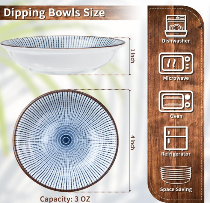 Dipping Bowls, Soy Sauce Dish Ceramic, 3 OZ Small Serving Bowls for Side Dishes Vintage Blue Stylish Design, Set of 6 Mini Appetizer Plates for Condiment Sushi Ketchup BBQ Party, 4 Inch